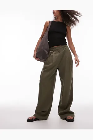 Topshop Linen high waist double pleat trouser in khaki