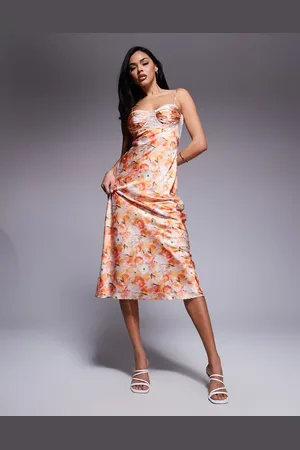 Love Triangle Satin maxi dress with lace trim cups in coral print