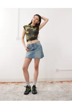 COLLUSION Raw hem denim mini skirt in midwash