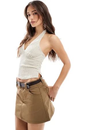 Bershka Halterneck linen top in sand stripe
