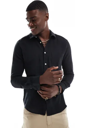 Only & Sons Relaxed fit linen mix long sleeve shirt in black