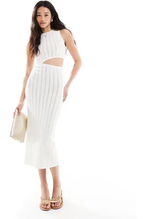 Bershka Knitted cut out front maxi dress in ecru
