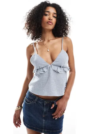 Bershka Frill detail strappy linen top in stripe