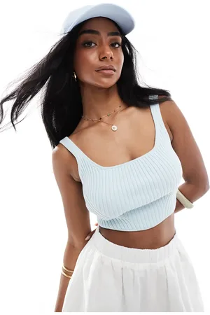 Bershka Ribbed knit square neck top in pale