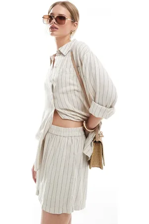 Pieces® Linen touch short co-ord in birch cream and stripe