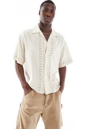 JACK & JONES Revere collar shirt with floral applique in cream