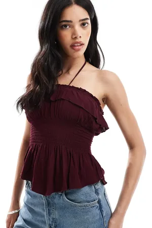 Bershka Shirred ruffle bandeau top in burgundy