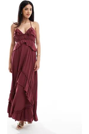 Bershka Frill detail occasion maxi dress in burgundy