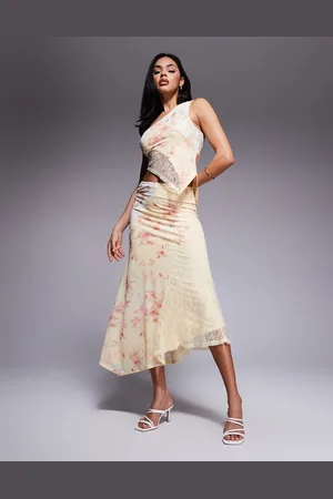 Love Triangle Asymmetric spliced floral lace midi skirt co-ord in multi