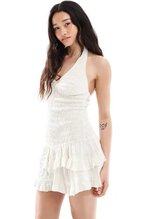 Bershka Tie halterneck shirred frill detail mini dress in ecru