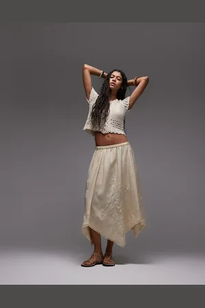 Topshop Satin hanky hem skirt with embroidery in ivory