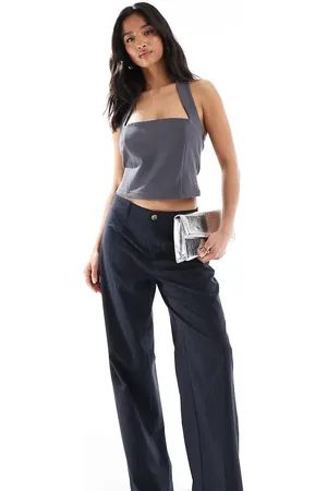 Bershka Petite high waisted wide leg tailored trousers in navy stripe