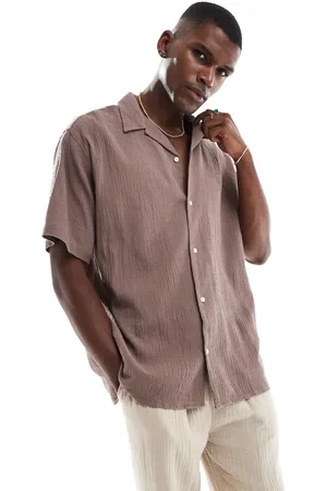 JACK & JONES Revere collar shirt in crinkle texture taupe