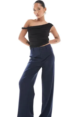 Bershka Petite high waisted wide leg tailored trousers in navy