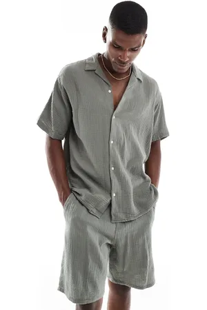 JACK & JONES Texture revere collar shirt and short set in