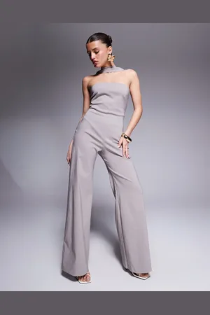 Vesper Bengaline choker detail bandeau jumpsuit in taupe