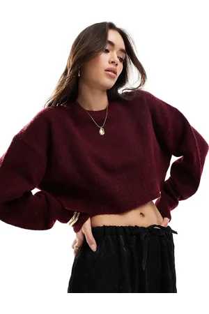 ASOS Crop crew neck jumper with split hemline in burgundy
