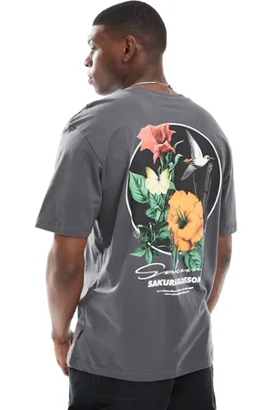 Only & Sons Relaxed fit t-shirt with sakura blossom print in charcoal