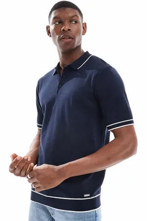Threadbare Short sleeve knitted polo shirt in navy with white tipping