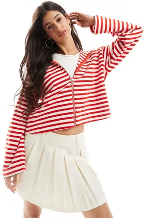 ASOS Supersoft boxy zip through hoodie in red and white stripe