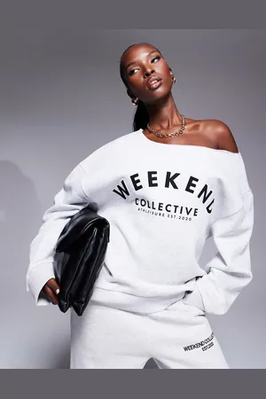ASOS Weekend Collective off shoulder sweatshirt with logo embroidery in ice marl