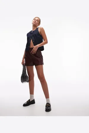 Topshop Faux leather runner short in burgundy