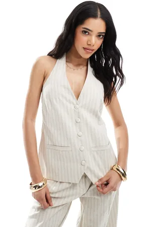 4th & Reckless Linen blend tailored halterneck tie back waistcoat top co-ord in beige stripe
