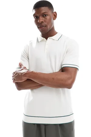 Threadbare Short sleeve knitted polo shirt in ecru and sage
