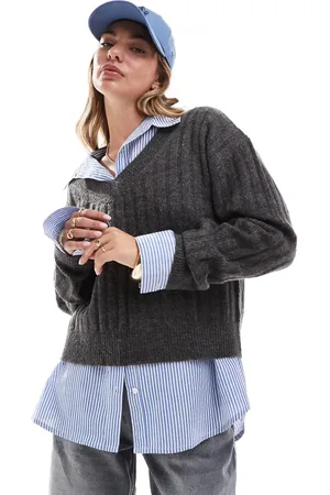 ASOS V neck jumper in rib in charcoal