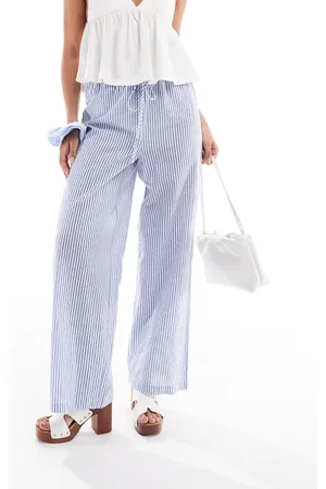 Pull&Bear Rustic wide leg trouser in ecru & stripe