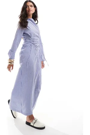 ASOS Drawstring ruched front maxi dress in blue stripe