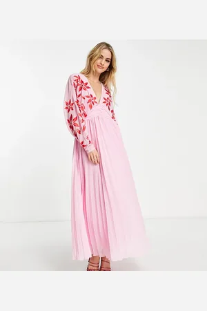 ASOS ASOS DESIGN Tall batwing plunge pleated maxi dress with embroidery in pink