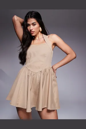 ASOS Denim halter neck mini dress in neutral