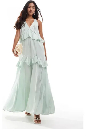 ASOS Satin scoop neck cross back midi dress with frills in sage