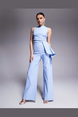 Vesper Bengaline high neck drape side detail wide leg jumpsuit in baby