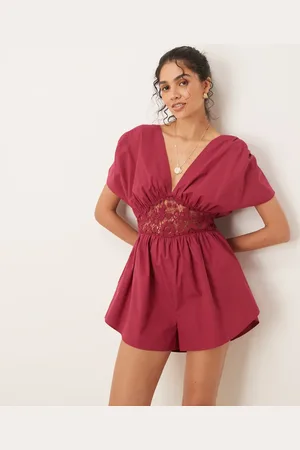 ASOS V neck lace waist playsuit in burgundy