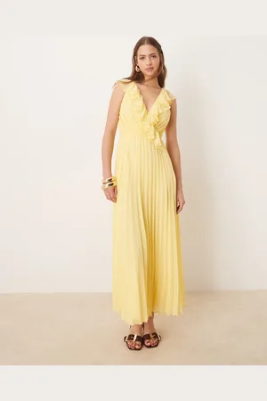 ASOS Frill wrap detail pleated midi dress in lemon yellow