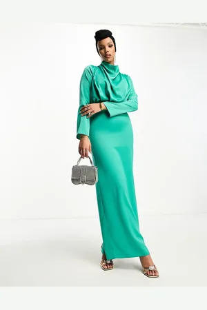 ASOS Modest satin high neck pleat detail maxi dress with long sleeves in jewel - MGREEN