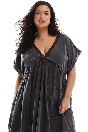 ASOS ASOS DESIGN Curve v neck rolled up short sleeve with embroidery mini dress in acid