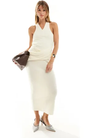 ASOS Drape front midi dress with cross back in cream