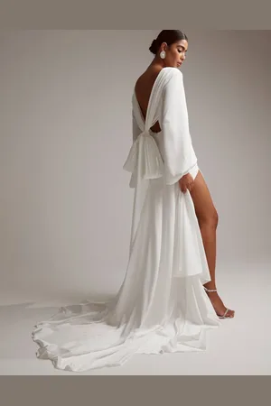 ASOS Mary satin wedding dress with drape bow back and blouson sleeve in