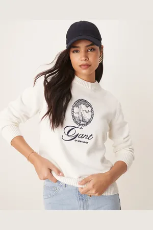 GANT Crew neck jumper with central embroided logo in off