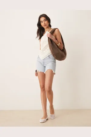 Abercrombie & Fitch High rise dad denim shorts with frayed hem in bleach wash