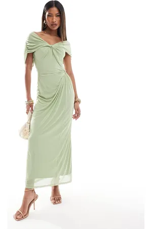 ASOS Mesh off shoulder twist bust detail midi dress in sage