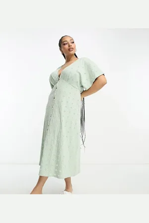 ASOS ASOS DESIGN Curve broderie v neck midi dress with buttons in sage and cream contrast