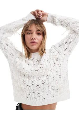 Miss Selfridge Open stitch faux pearl boxy jumper in cream