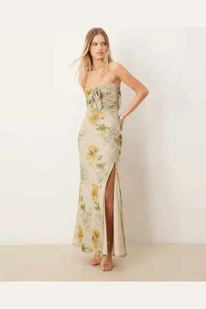 ASOS Satin bust bow front chiffon maxi dress in yellow floral print