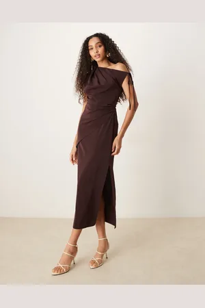 ASOS Fallen shoulder tie detail slinky midi dress in chocolate