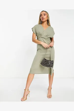 ASOS Twist and drape front midi dress in khaki