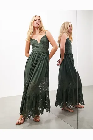 ASOS Embroidered cami maxi dress with cutwork detail in khaki